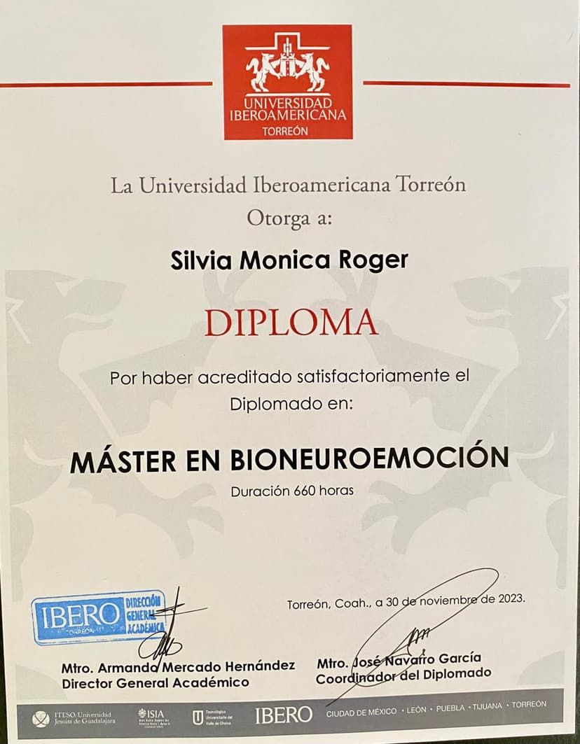 Diploma di Máster in BioneurEmoción di Silvia Monica Roger — 660 ore, Instituto Corbera de Barcelona